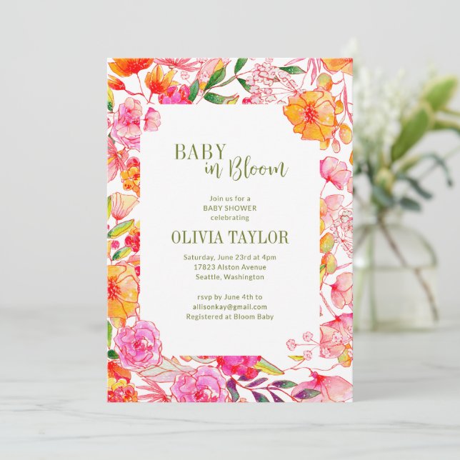 Invitación Ducha de flores de acuarela naranja rosa para bebé (Anverso de pie)