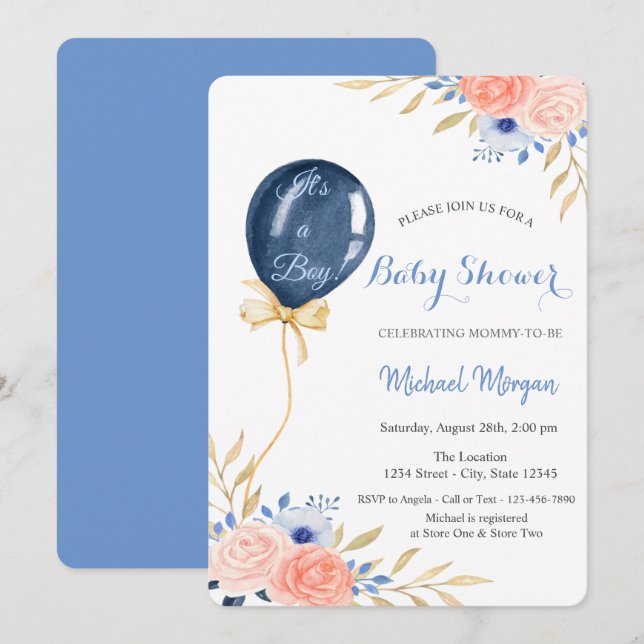 Invitación Ducha de flores globo azul para bebé (Anverso / Reverso)