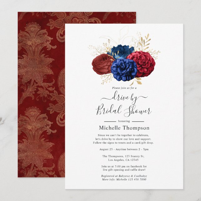 Invitación Ducha de flores navales, rojas y doradas (Anverso / Reverso)