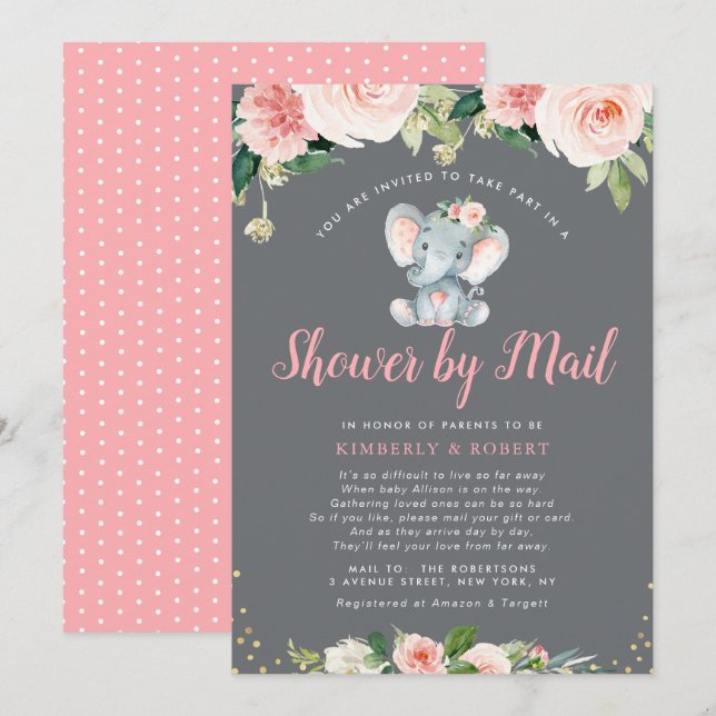 Invitación Ducha de flores rosada de elefante bebé adorable p (Anverso / Reverso)