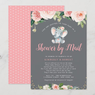 Invitación Ducha de flores rosada de elefante bebé adorable p