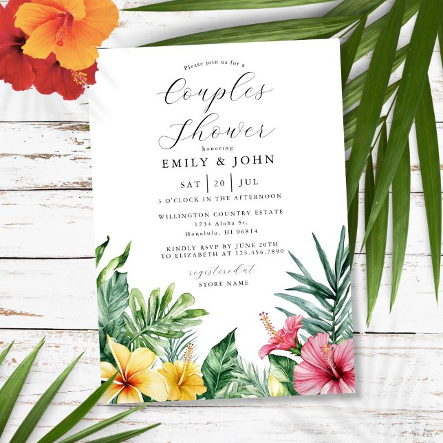 Invitación Ducha de Flores Tropicales Acuarela para Parejas (Watercolor Tropical Flowers Couples Shower Invitation)