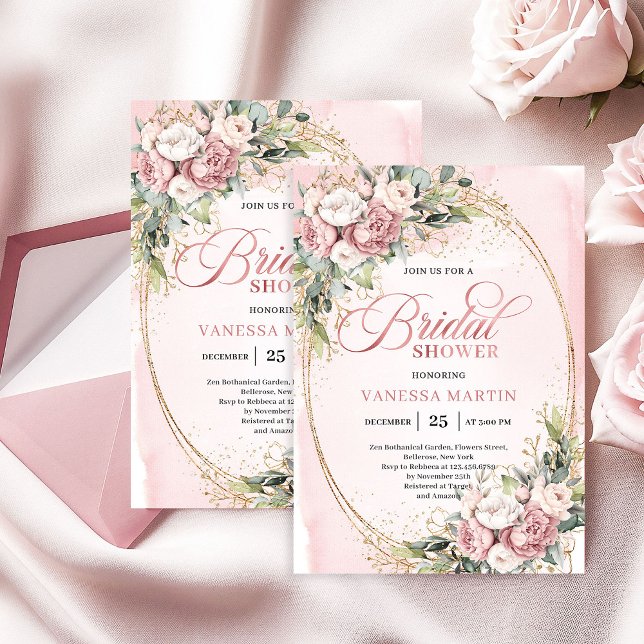 Invitación Ducha de flores verde romántico con toque dorado (Romantic Blush Floral Greenery Gold Shower)