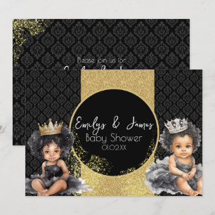 Invitación Ducha de gemelas bebé oro negro princesa bebé