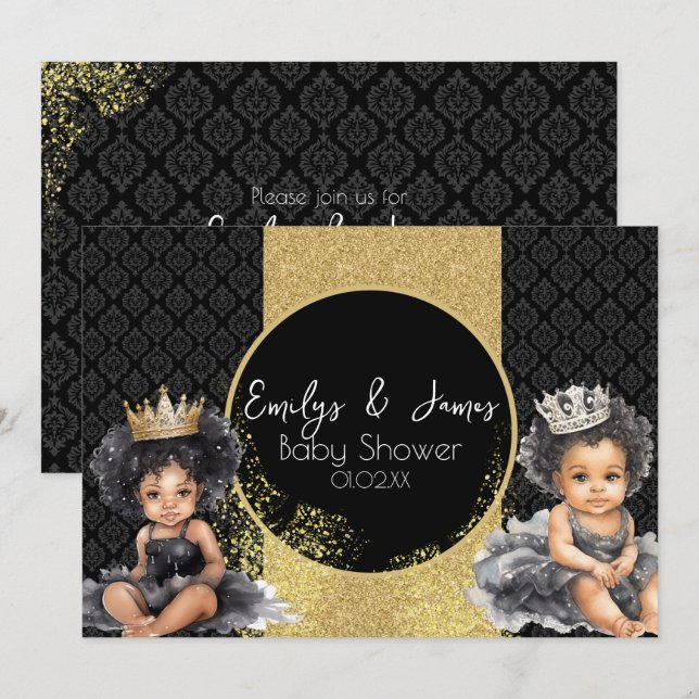 Invitación Ducha de gemelas bebé oro negro princesa bebé (Anverso / Reverso)