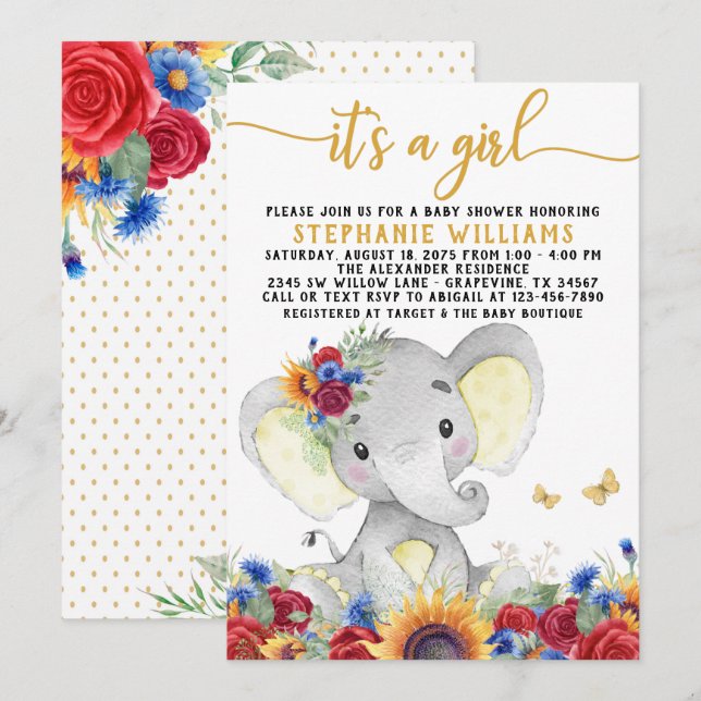 Invitación Ducha de girasol elefante mariposa (Anverso / Reverso)