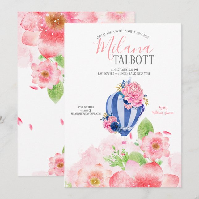 Invitación Ducha de globo de globo Rubor Floral Hot Air (Anverso / Reverso)