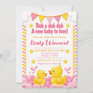 Invitación Ducha de goma amarilla y rosa para baby shower