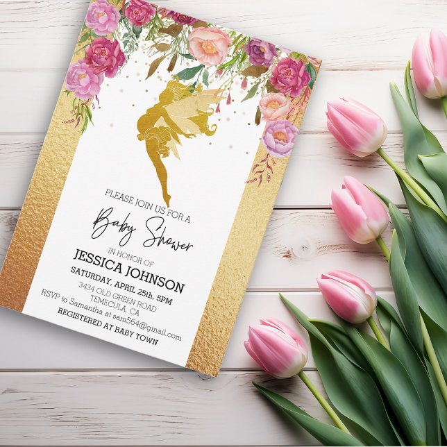 Invitación Ducha de Hada Dorada Bebé Rosa Floral (Subido por el creador)