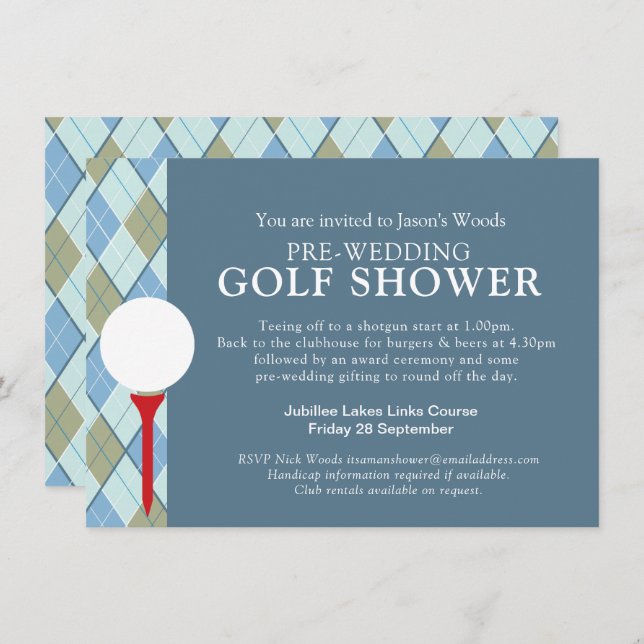 Invitación Ducha de hombre Evento de golf día previo a la bod (Anverso / Reverso)