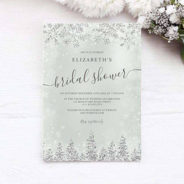Invitación Ducha de invierno de pino de nieve verde plateado (Silver green snow pine winter bridal shower invitation)