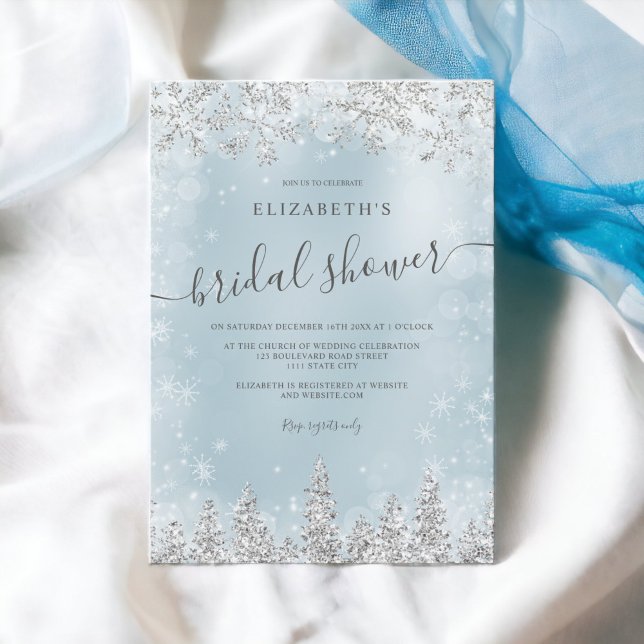 Invitación Ducha de invierno de pino de pino de nieve azul de (Silver ice blue snow pine winter bridal shower invitation)