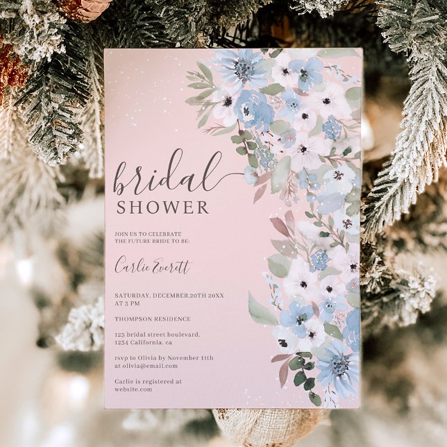 Invitación Ducha de invierno nieve azul floral rosa ducha de  (Subido por el creador)