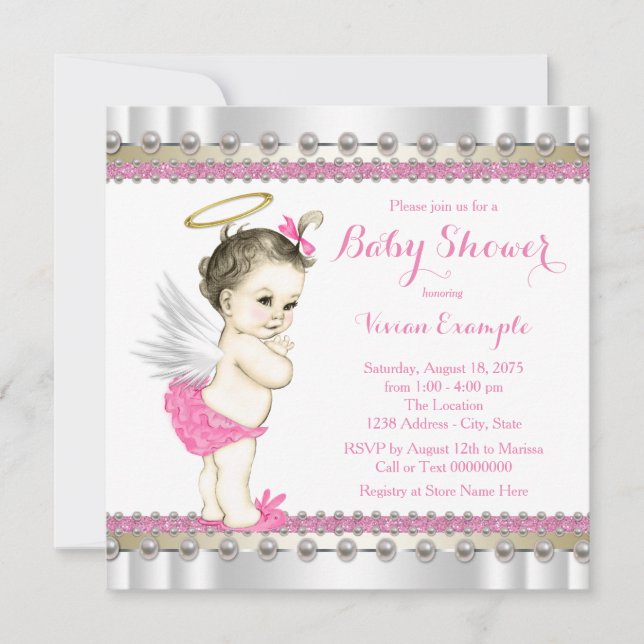 Invitación Ducha de la niña ángel rosa (Anverso)
