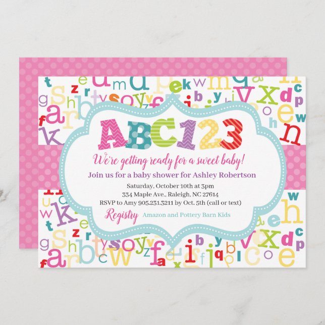 Invitación Ducha de la niña del alfabeto (Anverso / Reverso)