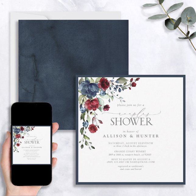 Invitación Ducha de la pareja botánica Navy Blue Burgundy (Subido por el creador)