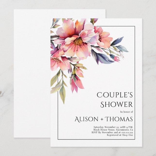 Invitación ducha de la pareja de flores de Rhododendron rosa  (Anverso / Reverso)