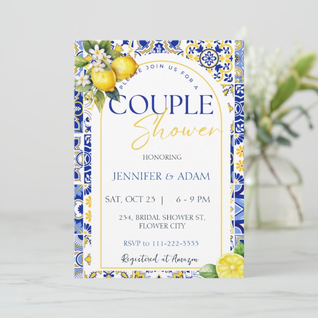 Invitación Ducha de la pareja de limón con azulejos azules Po (Anverso de pie)
