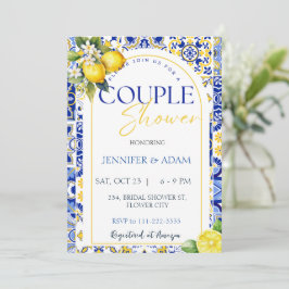 Invitación Ducha de la pareja de limón con azulejos azules Po