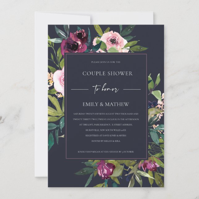 INVITACIÓN DUCHA DE LA PAREJA FLORAL BURGUNDY DE RUBOR NAVY (Anverso)
