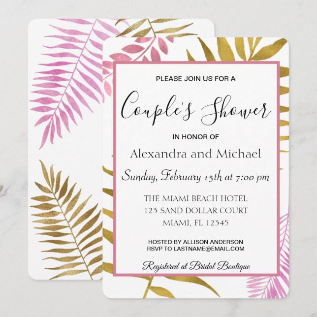 Invitación Ducha de la pareja floral tropical de oro Rosa (Anverso / Reverso)
