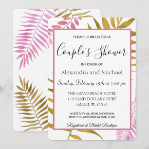 Invitación Ducha de la pareja floral tropical de oro Rosa