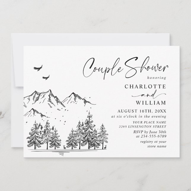 Invitación Ducha de la Pareja Forestal de las Montañas Dibuja (Anverso)
