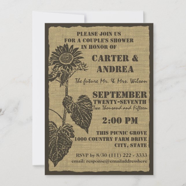 Invitación Ducha de la pareja girasol y burlap (Anverso)