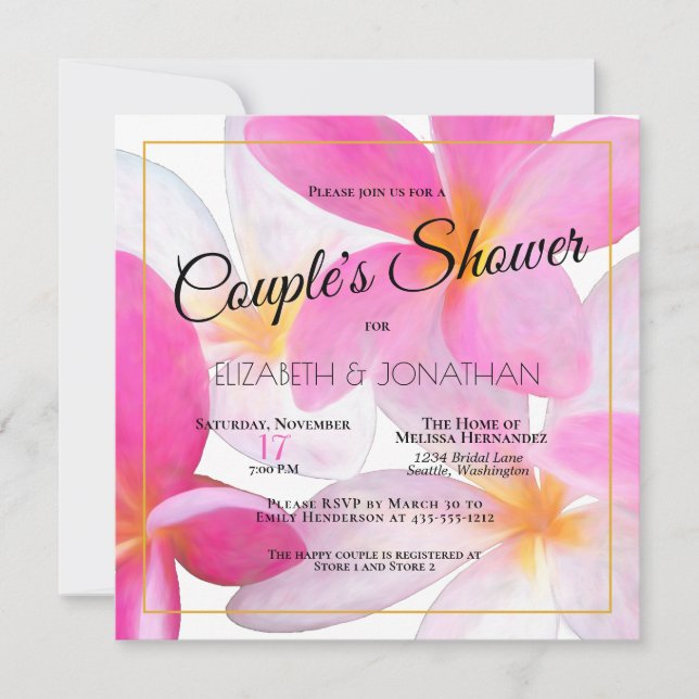 Invitación Ducha de la pareja Hawaii Beach con flores rosadas (Anverso)