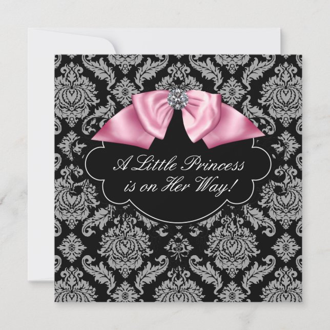 Invitación Ducha de la Princesa Bebé Niña de Damasco Rosa y N (Anverso)
