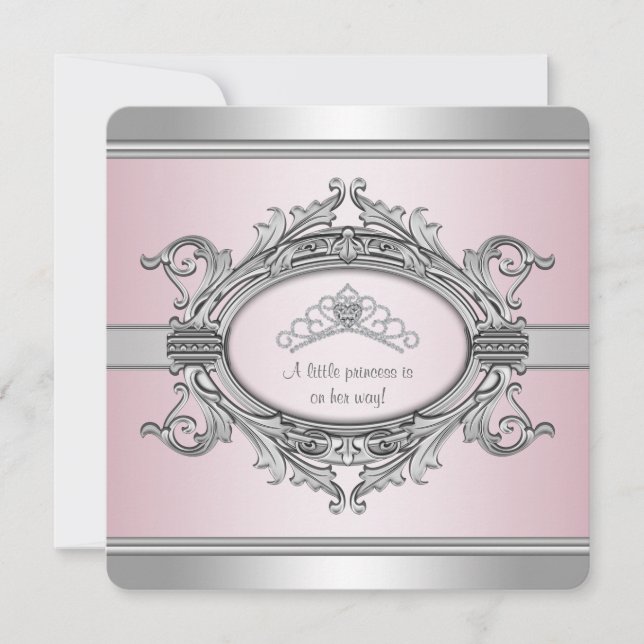 Invitación Ducha de la princesa gris rosa tiara de diamantes  (Anverso)