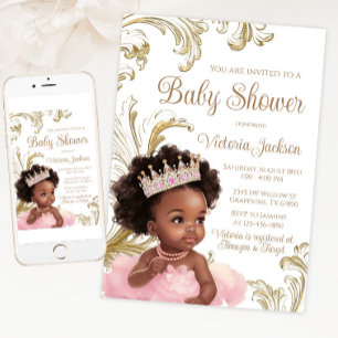 Invitación Ducha de la Princesa Negra Rosa Dorado para Bebé