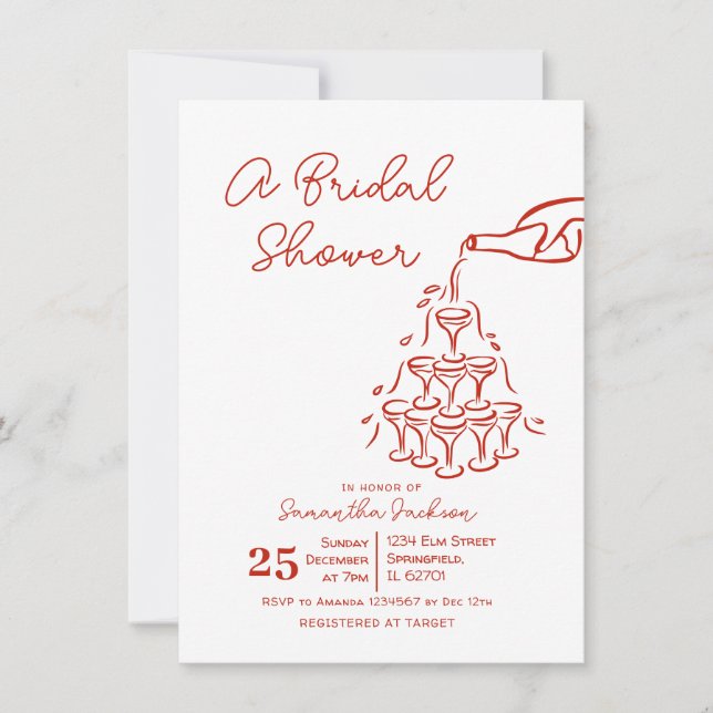 Invitación Ducha de la torre de champagne roja dibujada a man (Anverso)