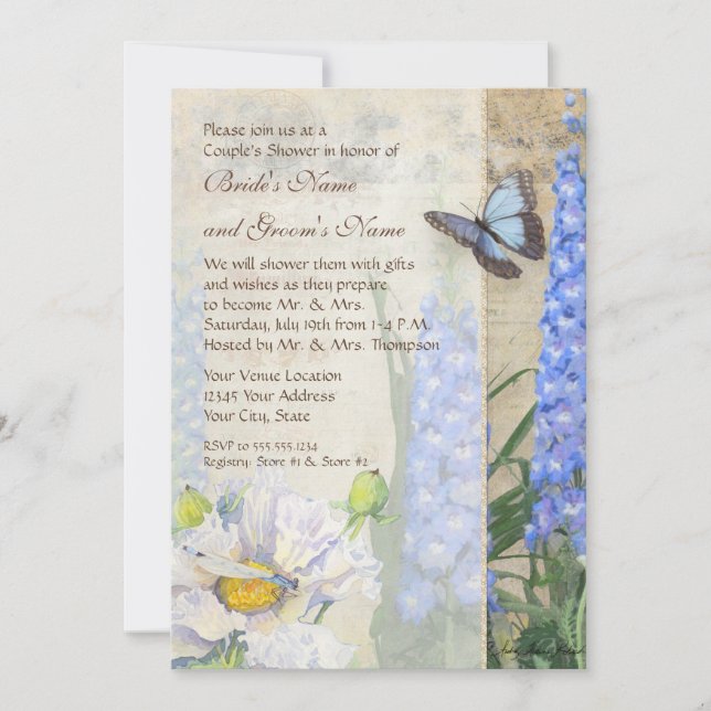 Invitación Ducha de las parejas de delfino mariposa de libélu (Anverso)