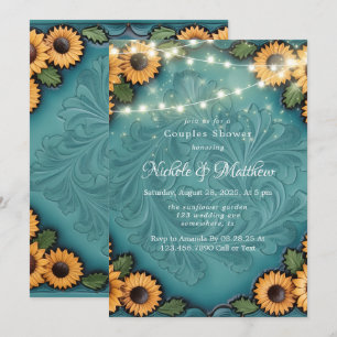 Invitación Ducha de las parejas de girasol de cuero verde azu