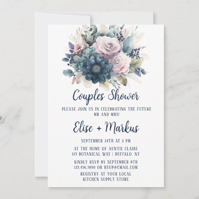 Invitación Ducha de las parejas de rosas rosadas de Rubor azu (Anverso)