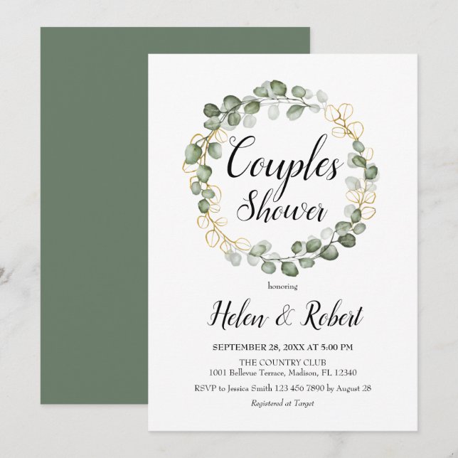 Invitación Ducha de las Parejas de Wreath Foliage Eucalyptus (Anverso / Reverso)