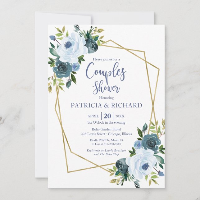 Invitación Ducha de las parejas florales azules con polvo geo (Anverso)