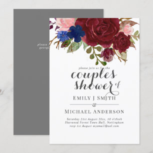 Invitación Ducha de las parejas florales de borgoña azul mari