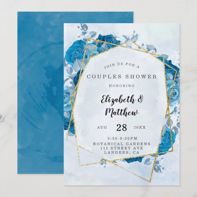 Invitación Ducha de las parejas geométricas de oro azul cian (Anverso / Reverso)