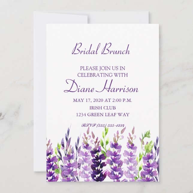 Invitación Ducha de lavanda color agua morado Boda (Anverso)