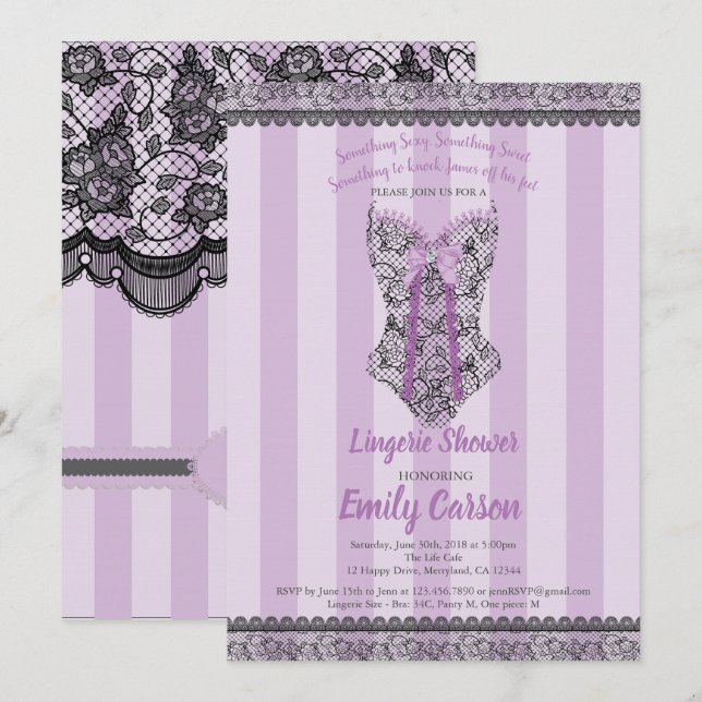 Invitación Ducha de lencería. Fiesta morada elegante (Anverso / Reverso)