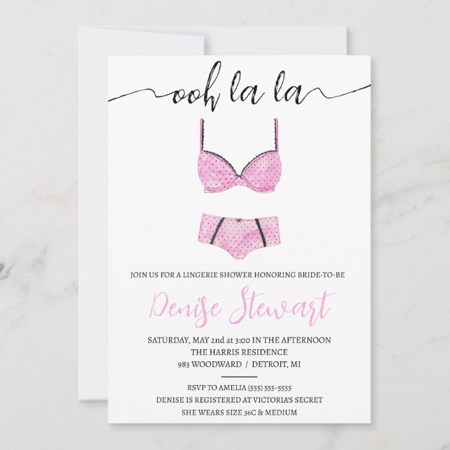 Invitación Ducha de lencería, negra, blanca, rosa, ducha de n (Anverso)
