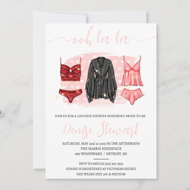 Invitación Ducha de lencería, negra, rosa, roja, ducha de nov (Anverso)
