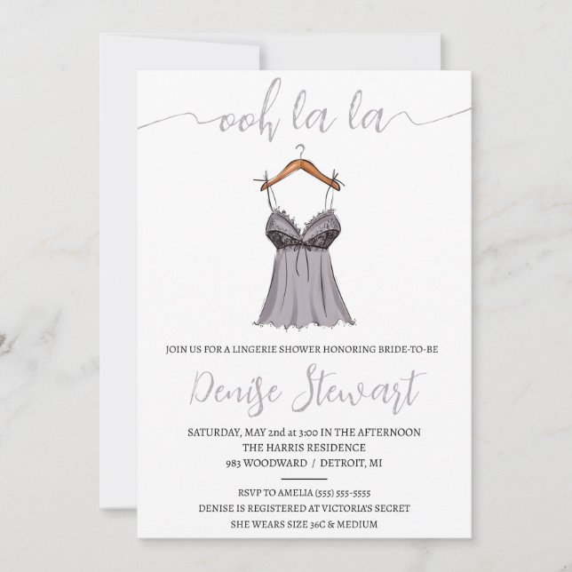 Invitación Ducha de lencería, negro, blanco, gris, ducha de n (Anverso)