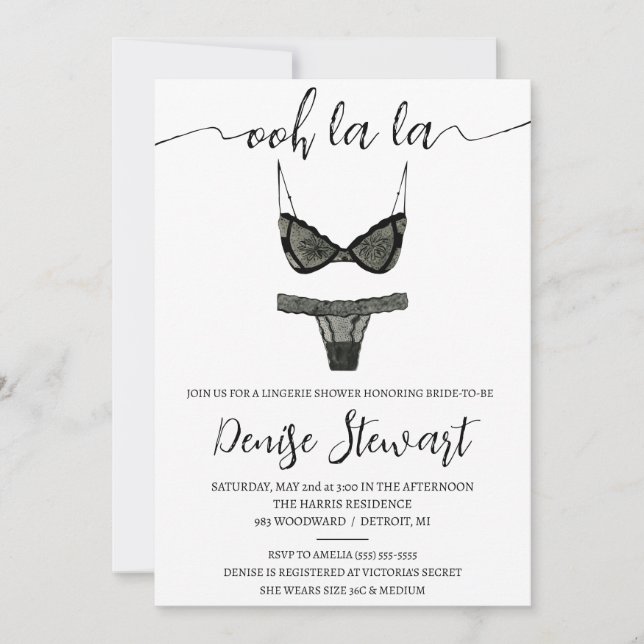 Invitación Ducha de lencería, negro y blanco, ducha de novia (Anverso)