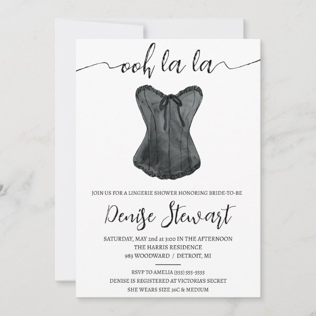 Invitación Ducha de lencería, negro y blanco, ducha de novia (Anverso)