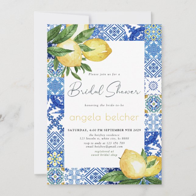 Invitación Ducha de limón limón azul de azulejos italianos (Anverso)
