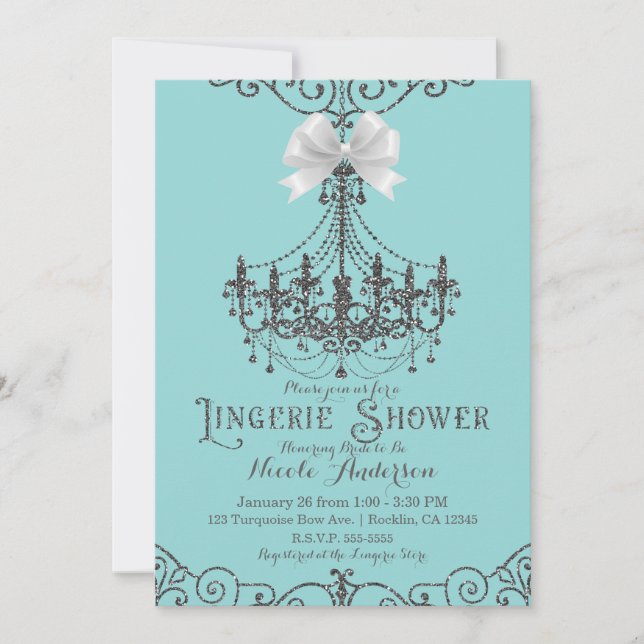 Invitación Ducha de Lingerie Turquesa y Blanca Bow (Anverso)