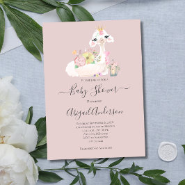 Invitación Ducha de Llama Blanca Flores Rosadas para Bebé